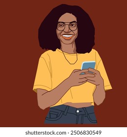 A young African American lady looking up smiling holding a cell phone and also wearing glasses