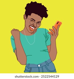 Uma jovem afro-americana parece tão empolgada segurando um celular e usando óculos