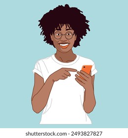 A young African American lady looks surprised and points at her cell phone.