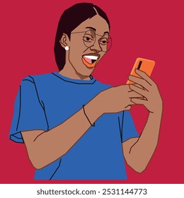 A young African American lady looks surprise with her messages on her cell phone with her eyes open wide