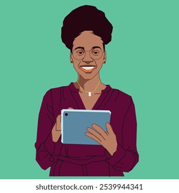 Uma jovem afro-americana com um tablet móvel que verifica suas mensagens enquanto usa óculos.