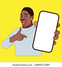 Young African American lady pointing at her phone showing happiness on her face