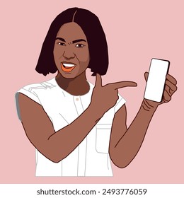 A Young African American lady pointing at her mobile phone with a facial expression