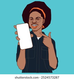 A young African American lady is pointing at her cell phone looking happy wearing glasses.