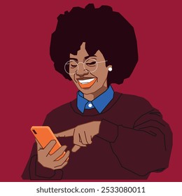 Uma jovem afro-americana que aperta a tela de seu celular sorrindo e vê várias fotos enquanto usa óculos.