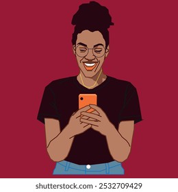 Una joven afroamericana leyendo sus mensajes en un teléfono celular sonriendo a la conversación mientras usa gafas