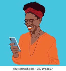 A young African American lady smiling at her mobile phone wearing glasses