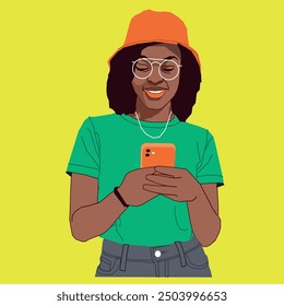 A Young African American Lady smiling checking her cell phone messages putting on a hat and white glasses