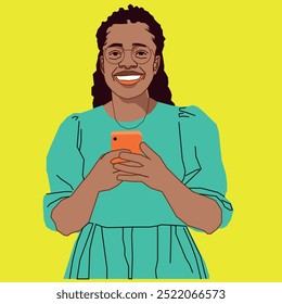 A young African American lady smiling with her cell phone wearing glasses
