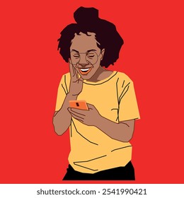 Uma jovem afro-americana sorrindo com seu celular