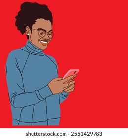 A young African American lady smiling at her cell phone