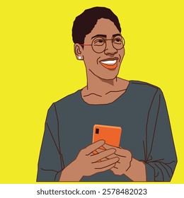 A young African American lady smiling joyfully after reading her phone messages, radiating happiness and positivity in a casual and relaxed setting.