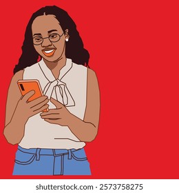 A young African American lady with a warm smile, holding her cell phone and checking it attentively, exuding positivity and charm in a relaxed, casual setting.