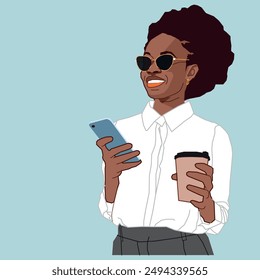 A young African American lady wearing shade glasses smiling with her mobile phone conversation