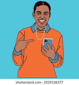 La mano de una joven afroamericana apuntaba a su teléfono celular sonriendo simultáneamente mientras llevaba gafas.