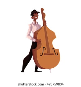 Young African American male contrabass player, cartoon vector illustration isolated on white background. Full height portrait of African man in white shirt and black hat playing double bass