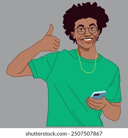 A young African American male doing thumbs up smiling holding a cell phone wearing black glasses and a green t-shirt 