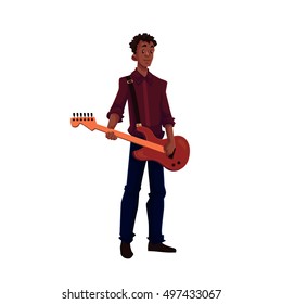 Young African American male electric guitar player, cartoon vector illustration isolated on white background. Full height portrait of black man playing electric guitar