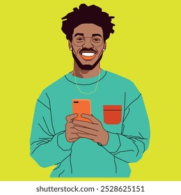 Um jovem afro-americano de capuz verde com um telefone celular que parece feliz e usa óculos