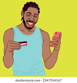 A young African American male holding a debit ATM card and a cell phone