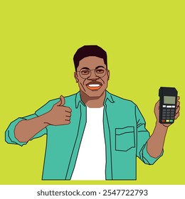 A young African American male holding a POS machine is smiling.