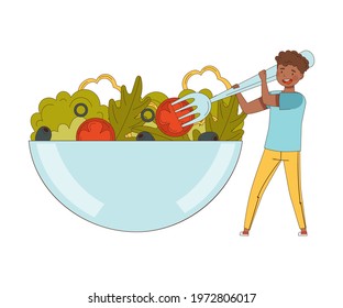 Young African American Male with Huge Fork Eating Vegetable Salad from Huge Bowl Vector Illustration