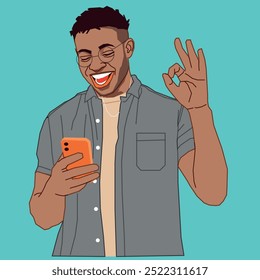 Um jovem afro-americano que parece feliz com as conversas de seu celular e usando óculos.