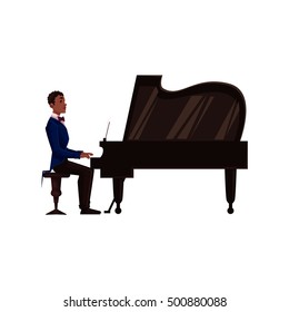 Young African American Male Piano Player, Cartoon Vector Illustration Isolated On White Background. Side View Of Black Man In Suit And Bow Tie Playing Grand Piano With Open Lid