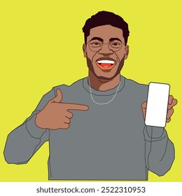 Um jovem afro-americano está apontando para seu celular sorrindo e usando óculos.