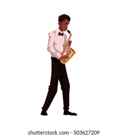 Young African American Male Saxophone Player, Cartoon Vector Illustration Isolated On White Background. Full Height Portrait Of Black Man In White Shirt And Bow Playing Saxophone