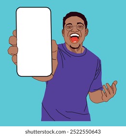 Um jovem afro-americano mostrando sua tela de celular animado usando óculos