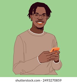 A Young African American male smiling holding a mobile phone wearing glasses 