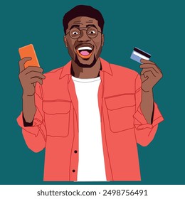 A young African American male student holding a cell phone and a debit card looks excited