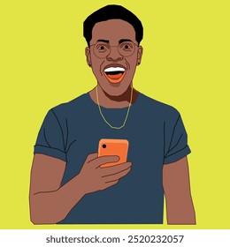 Um jovem afro-americano com um telefone celular parecendo surpreso usando óculos.