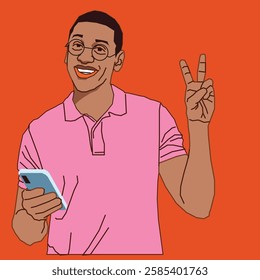 Young African American male student holding a phone while flashing a peace sign.
