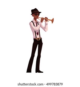 Young African American male trumpet player, cartoon vector illustration isolated on white background