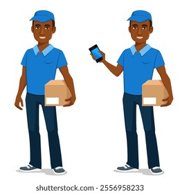 young African American man in blue uniform, holding a box for delivery. Courier service worker, holding a mobile phone while delivering package. Cartoon character. Isolated on white.