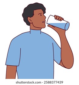 A young African American man in a blue T-shirt drinks water from a plastic bottle, staying hydrated on a hot day. He looks refreshed and energized. Flat vector illustration.