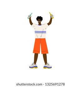 Young African American Man in Casual Clothes Holding Two Bottles of Alcohol Drink Vector Illustration