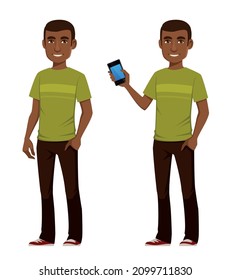 young African American man in casual outfit. Handsome black guy, student or young adult, holding a mobile phone, smiling. Cartoon character. Isolated.