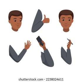 Young African American man character constructor. Head and gesturing hands. Body parts for boy creation cartoon vector illustration