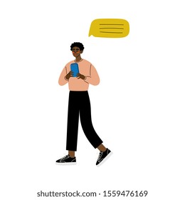 Young African American Man Chatting Online or Searching for Information Using Smartphone Vector Illustration