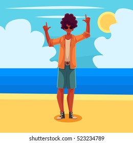 Young african american man dancing on the beach, cartoon vector illustration. Young and beautiful black man, teenager, boy dancing at the beach on a wonderful sunny day