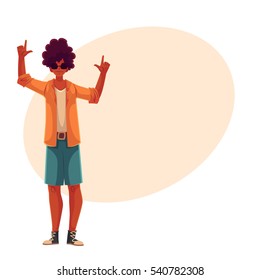 Young african american man dancing, cartoon style vector illustration isolated on yellow background. Young and beautiful black man, teenager, boy dancing at a party in skirt and t-shirt