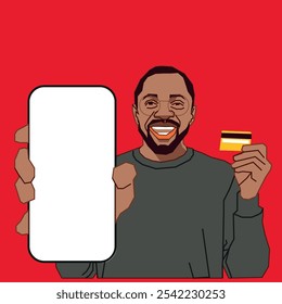A young African American man with a debit card and a cell phone looks so happy