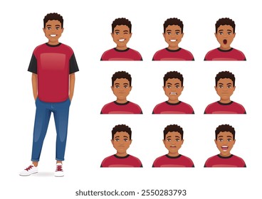 Young African American man with different facial expressions set vector illustration isolated