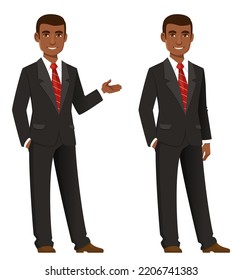 joven afroamericano con elegante traje de negocios negro. Un empresario exitoso, sonriente y gesto. Caricatura. Aislado en blanco.