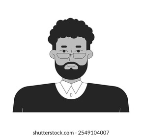 Jovem afro-americano homem empreendedor retrato preto e branco personagem linha 2D. Homem preto barbudo empresa de negócios funcionário isolado vetor pessoa contorno. Ilustração de ponto monocromático