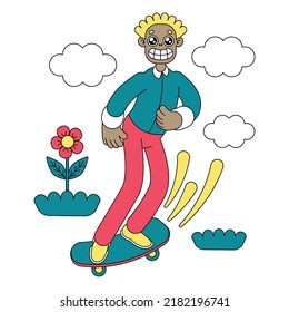 Young african american man, funny cartoon character is riding a skateboard. Outdoors activity for teenagers. Vector illustration.