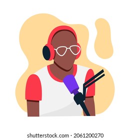 Young African American man with glasses is recording a podcast. Guy with headphones and a microphone in a recording studio, drawn in a flat style. Vector illustration